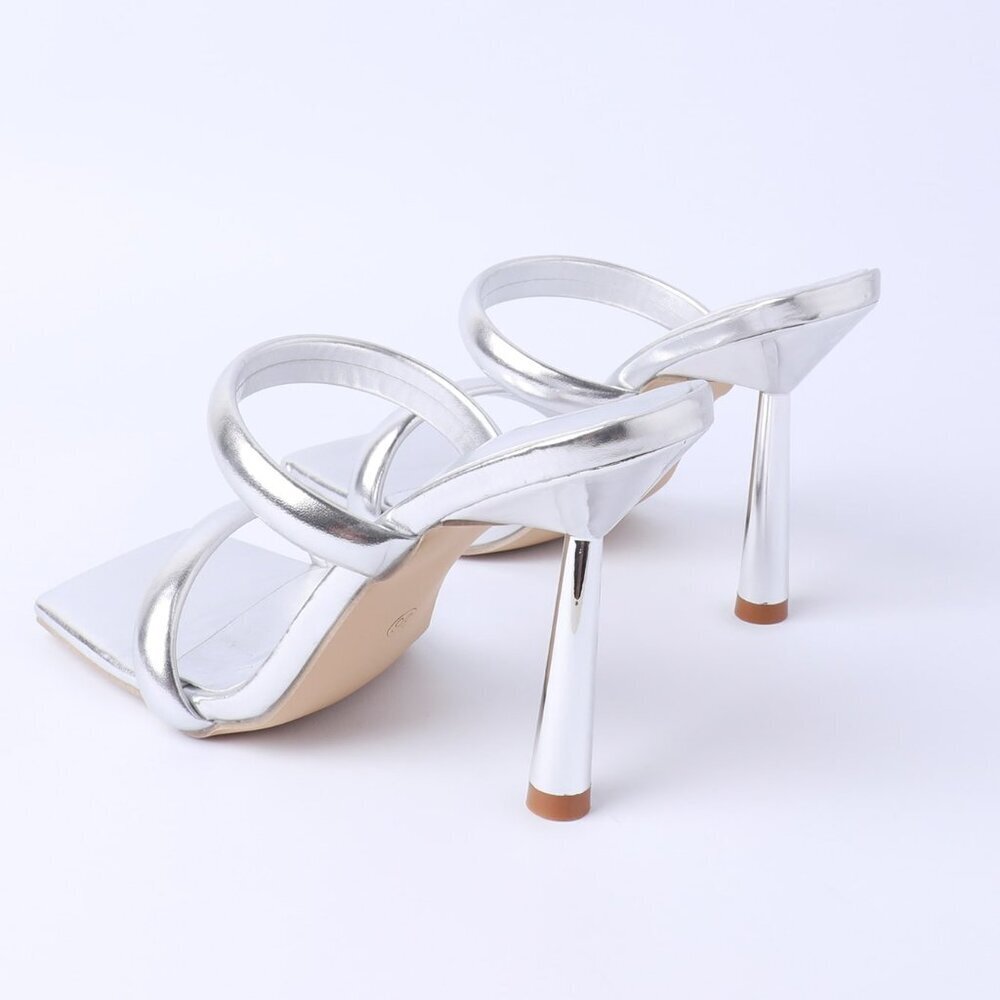 Silver Elegant Women's High Heel Square Toe Sandals - Picture 6 of 8